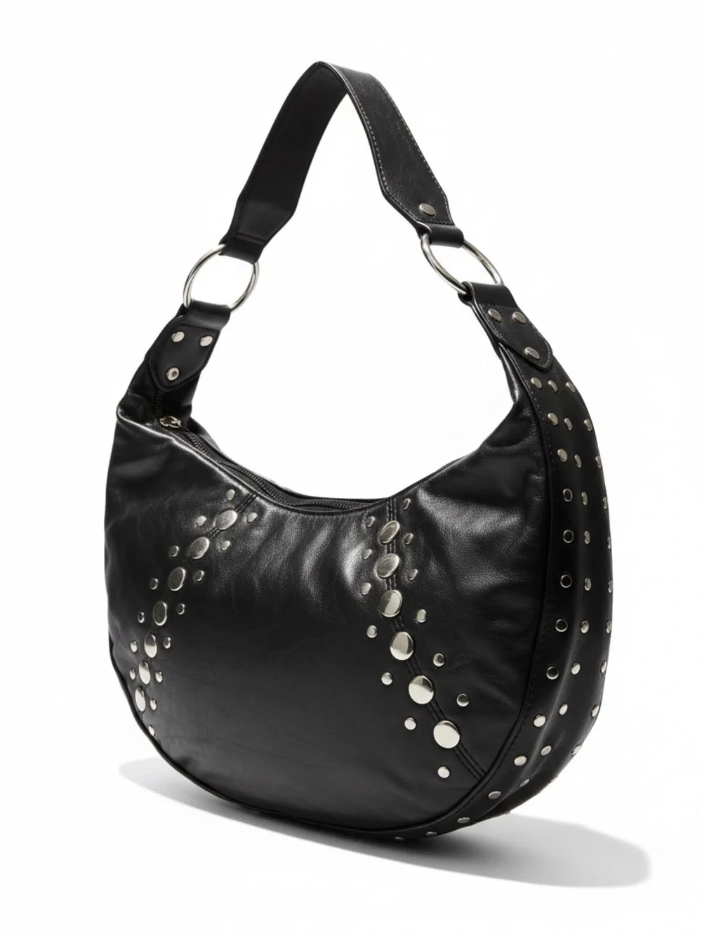 Black Faux Leather Studded Hobo Shoulder Bag